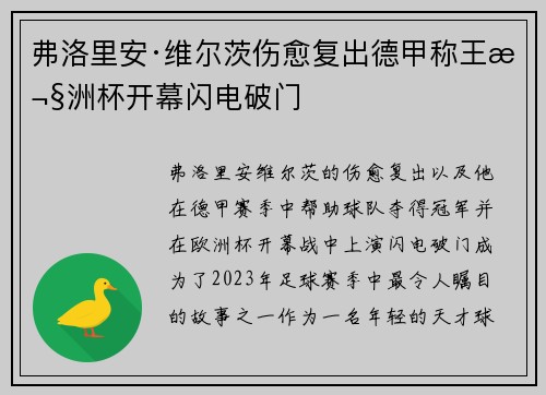 弗洛里安·维尔茨伤愈复出德甲称王欧洲杯开幕闪电破门